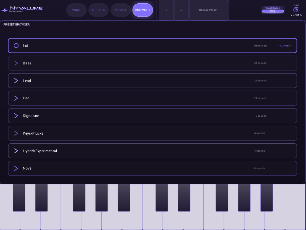 Nyvalume preset browser showing factory categories: Bass, Lead, Pad, Signature, Keys/Plucks, Hybrid/Experimental, and Nova.