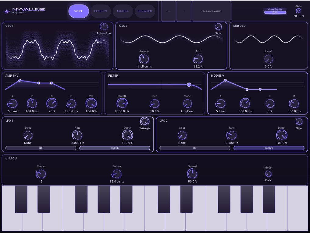 Nyvalume plugin interface, Voice tab, showing dual oscillators, sub oscillator, amp/mod envelopes, filter, dual LFOs, and unison controls above a playable keyboard.